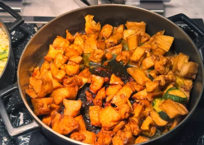 Braised king oyster mushrooms and zucchini.