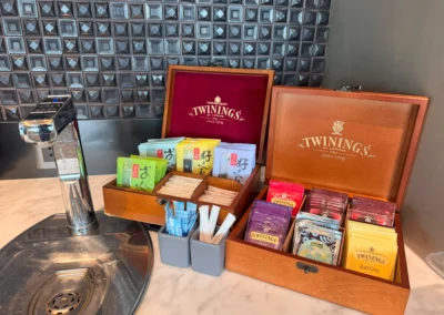 Twinings tea selection in wooden boxes with hot water dispenser at the Executive Lounge, Courtyard Taipei Downtown.
