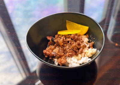 A bowl of Taiwanese braised pork rice (lu rou fan), served at YEN restaurant in W Taipei.