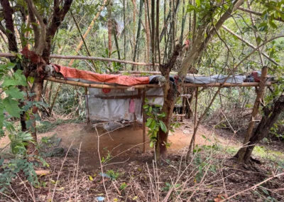Rustic makeshift shelter built from bamboo and tarps along the Tiger Mountain trail.